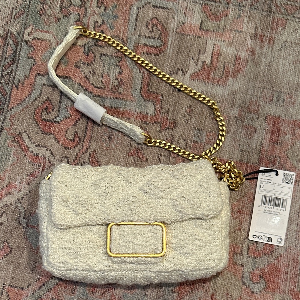 Mango Boucle Quilted Cream Crossbody Purse with Gold Chain